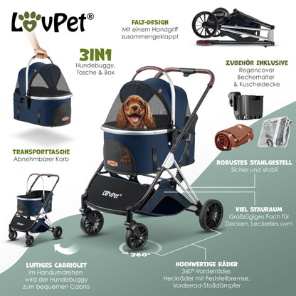 LOVPET® 3in1 dog stroller for dogs up to 20kg. Can be used as a dog carrier bag, foldable and collapsible. Features large wheels, mesh windows, rain cover, cup holder, and cozy blanket. Also suitable for cats, jogging, and outdoor activities.