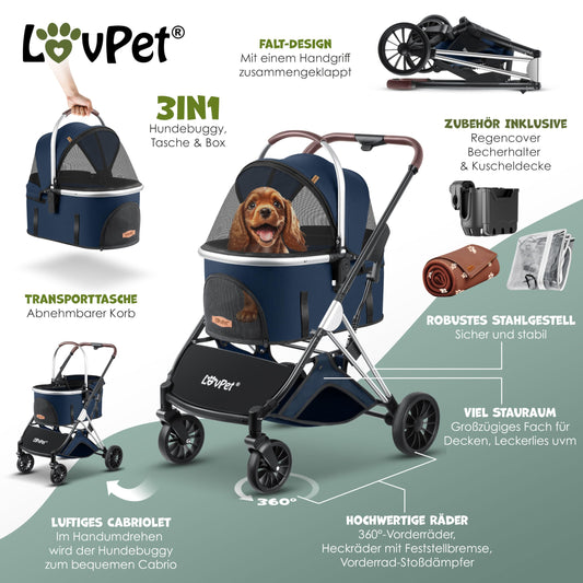 LOVPET® 3in1 dog stroller for dogs up to 20kg. Can be used as a dog carrier bag, foldable and collapsible. Features large wheels, mesh windows, rain cover, cup holder, and cozy blanket. Also suitable for cats, jogging, and outdoor activities.