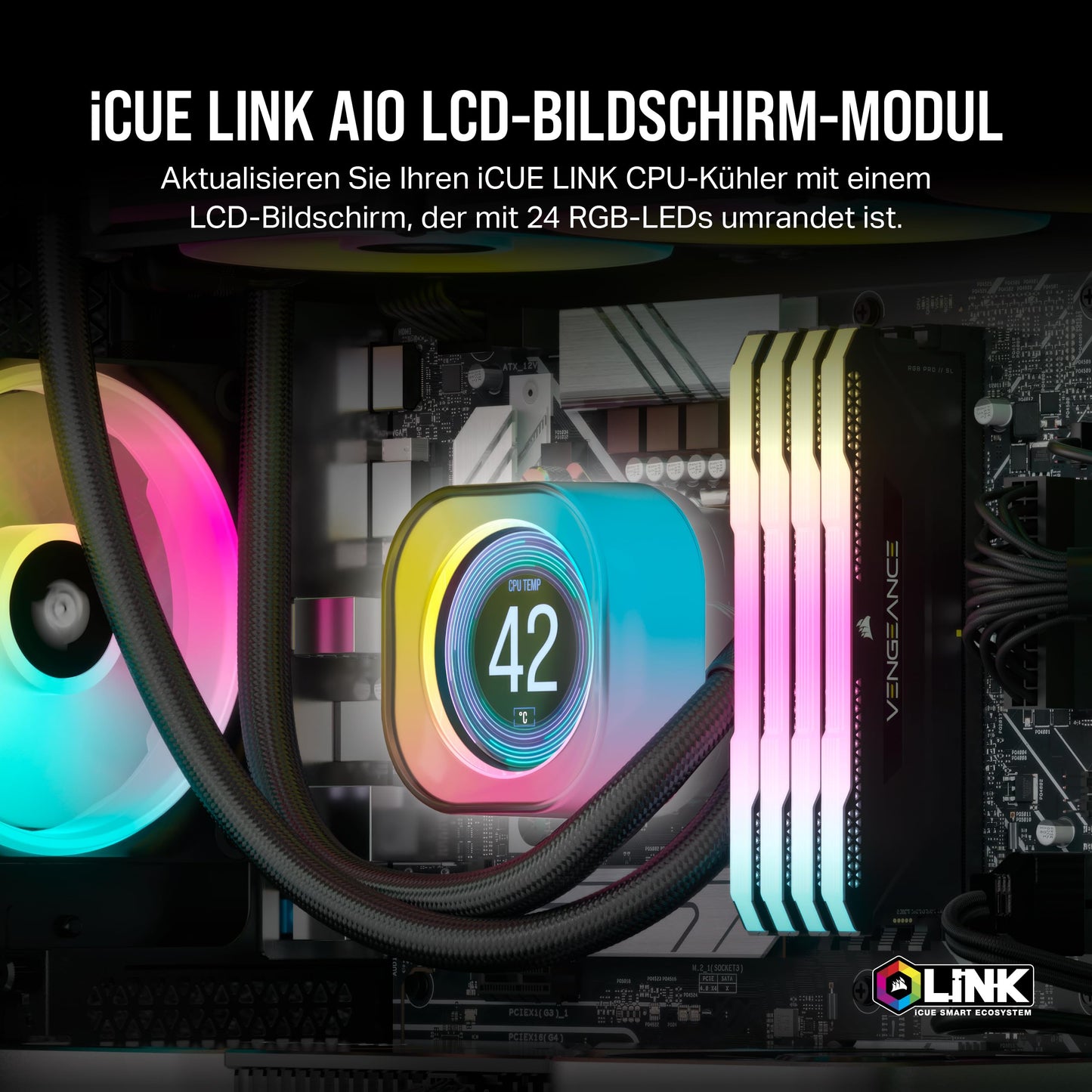 Corsair iCUE LINK AIO LCD screen module - 2.1" IPS LCD screen - 24 individually addressable RGB LEDs - Tool-less installation - Black