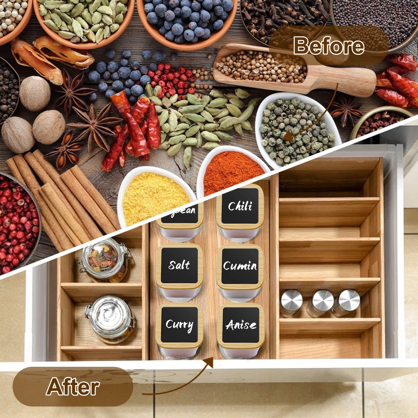 12-piece set of glass storage jars without labels, each with a 280ml capacity and wooden lids. Ideal for storing spices in the kitchen, these stackable containers are perfect for organizing your spice collection.