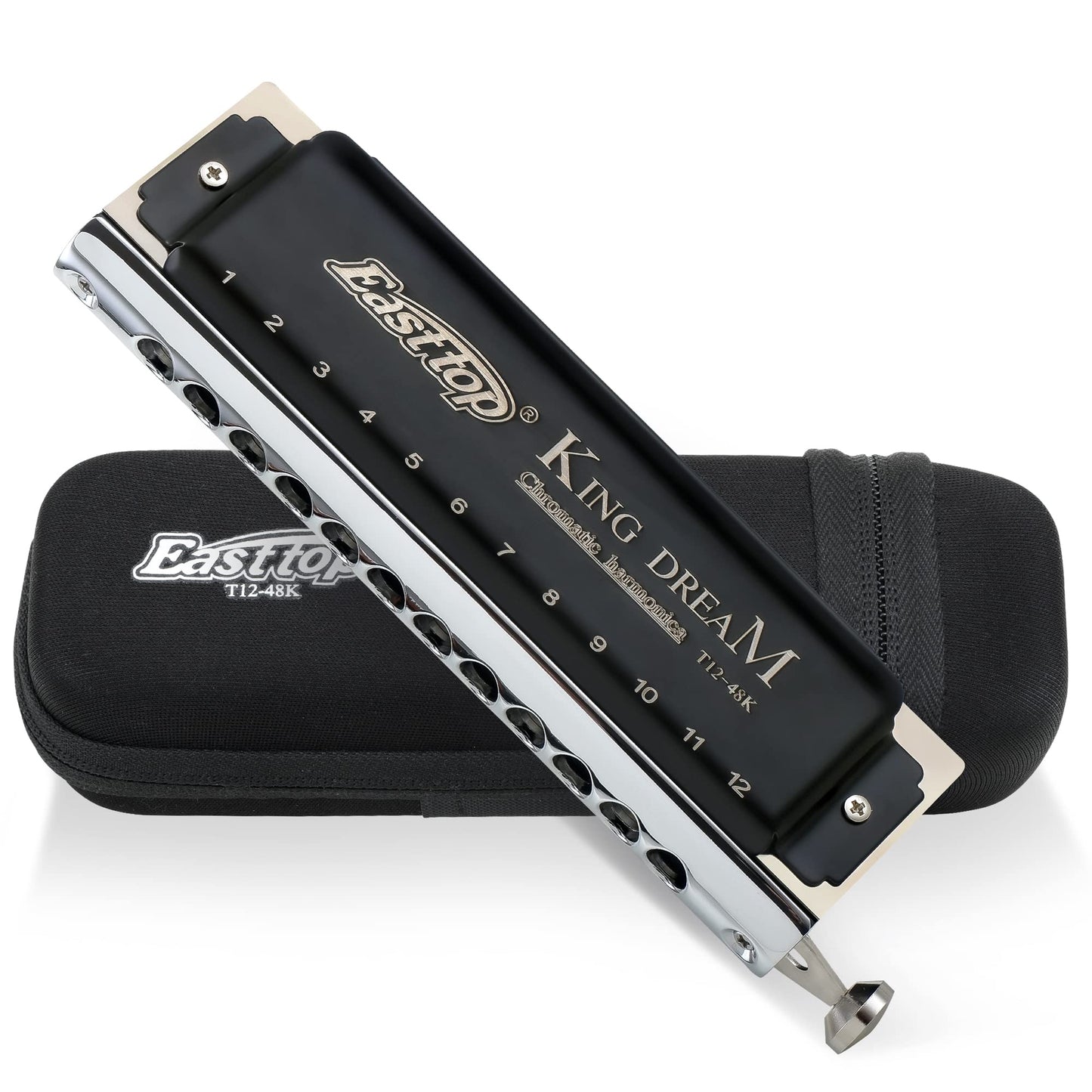 East Top 12-hole Chromatic Harmonica in C, with 48 notes. Ideal for professional players, beginners, students, and adults. Makes the perfect gift.