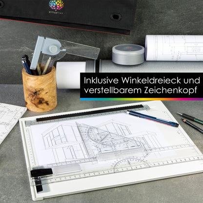OfficeTree drawing board A4 - Includes carrying case, sliding ruler, set square, and more - A4 drawing board for precise work - DIN A4 drawing board, white