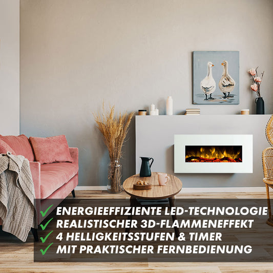 GLOW FIRE Electric Fireplace with Heating and Fire Effect (Wall Fireplace Pluto) - electric fireplace with LED light, heater, decoration & remote control - for wall mounting, max. 1500 W - white, 110x49 cm.