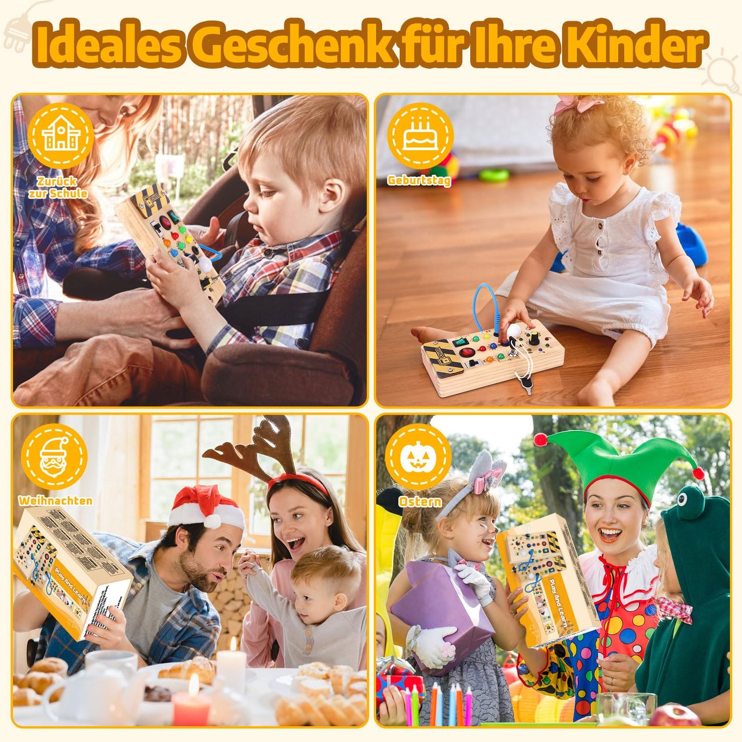 Hello Montessori Busy Board 1 year old Kids Activity Board Wooden Toy with 8 LED Light Switch Toy Sensory Learning Toys Suitable for 1 2 3 4 year old Babies