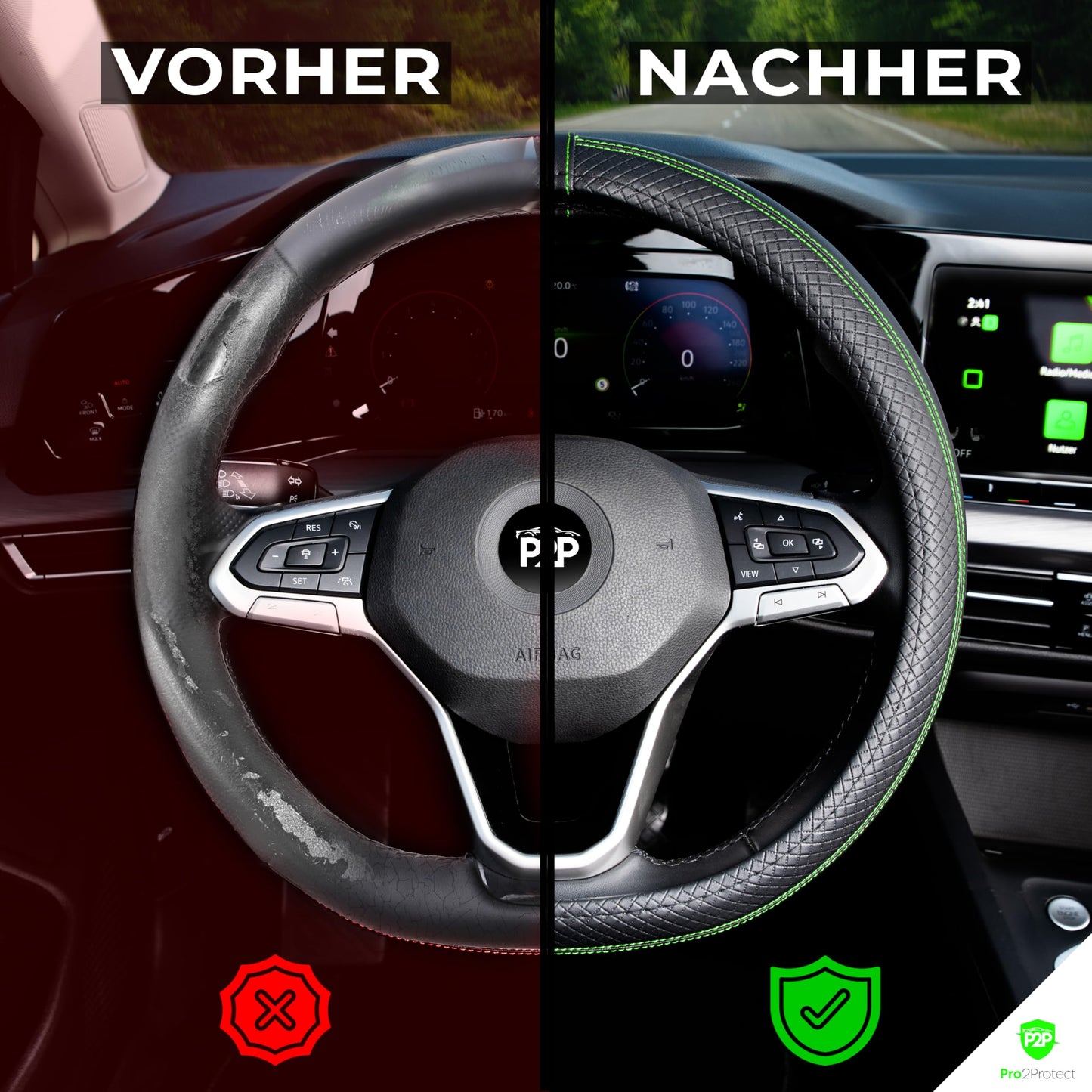 [2X Test VERY GOOD] Pro2Protect Steering Wheel Cover Leather | Car Interior Accessories | Steering Wheel Covers Grand Tour | Steering Wheel Protectors Car | Steering Wheel Cover Steering Wheel Protection | Car Accessories Gifts for Women and Men