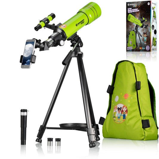 Bresser Junior children's telescope 70/400 lens telescope for children aged 8 and up, astronomy beginners, telescope with backpack, accessories & smartphone holder, night sky observation green