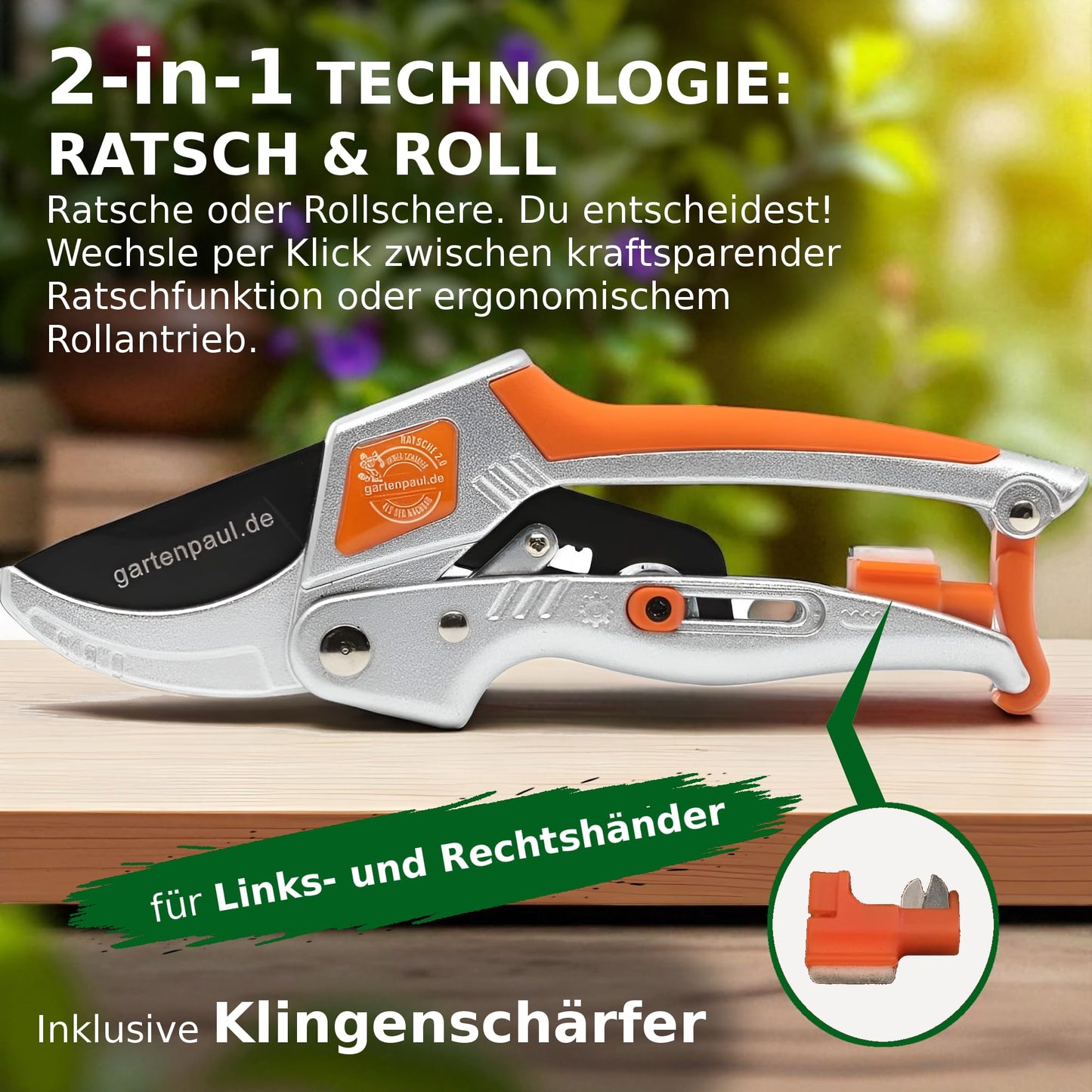 GARDENPAUL Ratchet 2.0 with Sharpener, Anvil Hybrid Ratchet & Garden Scissors SK5 Blade, Professional Garden Tool as Tree Pruner Branch Cutter Garden Ratchet Scissors Rose Scissors Herb Scissors Harvest Scissors