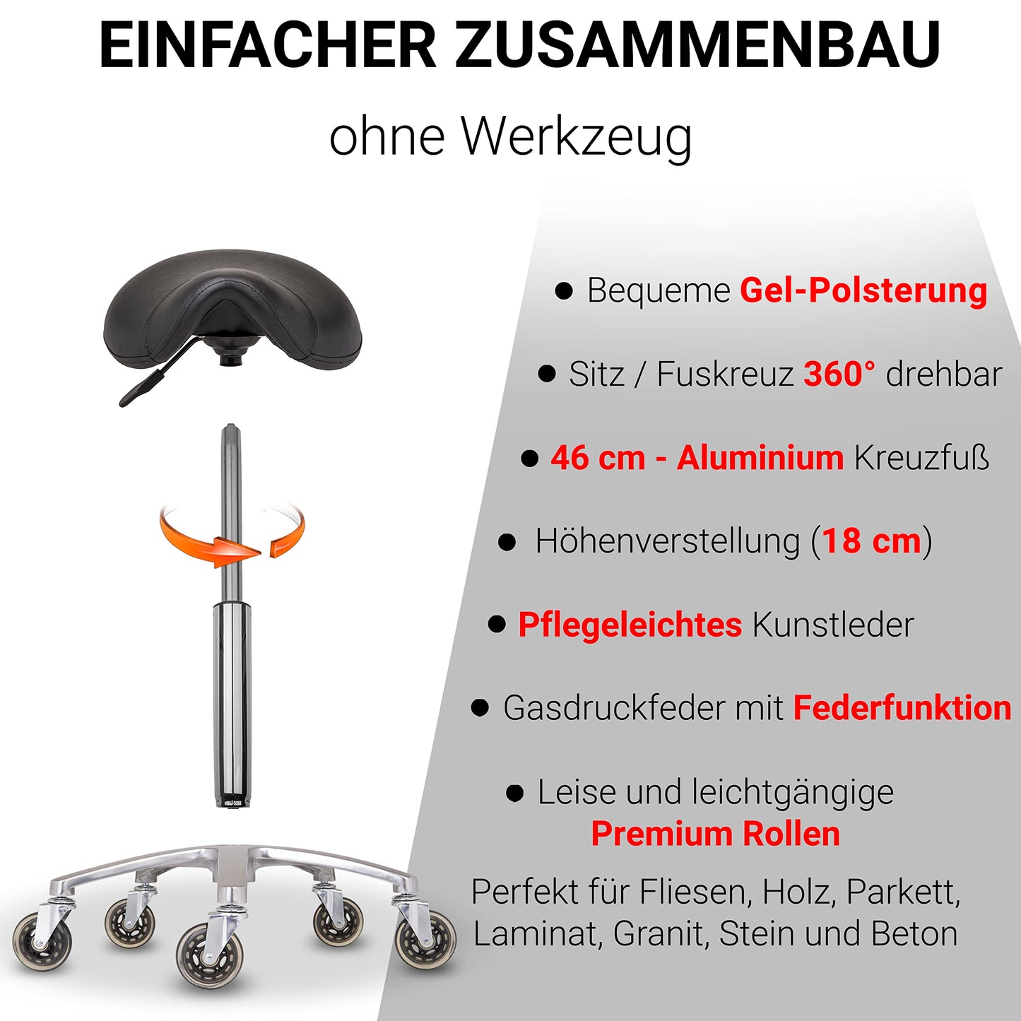 Staboos rolling stool up to 160 kg - saddle seat with gel padding - practical stool (premium wheels) swivel stool adjustable in height (55 cm to 75 cm) saddle stool
