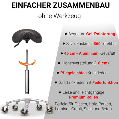Staboos rolling stool up to 160 kg - saddle seat with gel padding - practical stool (premium wheels) swivel stool adjustable in height (55 cm to 75 cm) saddle stool