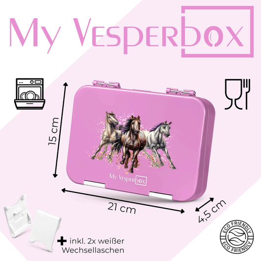 My Vesperbox - Len - Bento Box Children - Lunchbox with 4+2 compartments - extremely durable - lunch box - ideal for kindergarten and school. (Pink - Horses)