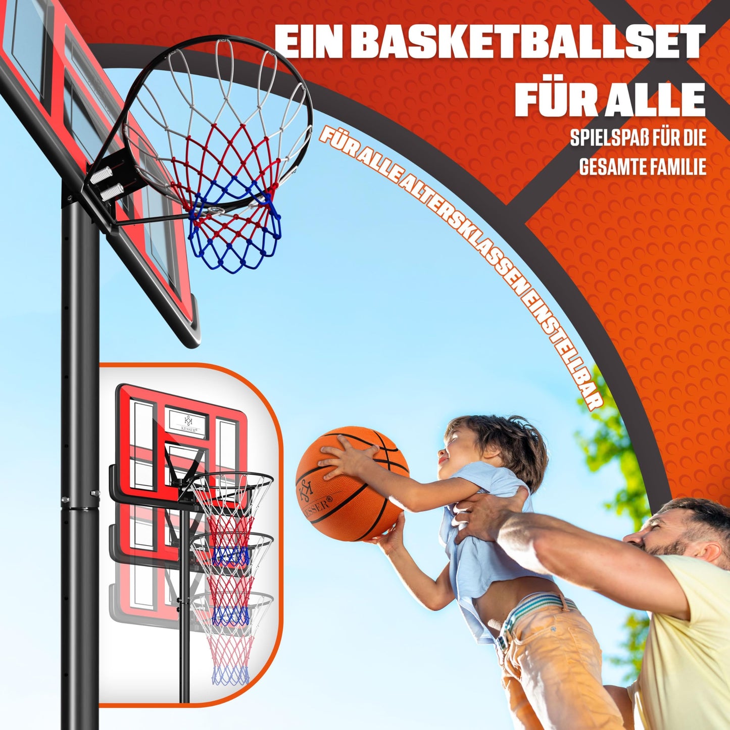 KESSER® Outdoor basketball hoop with stand & wheels Incl. 2x nets, basketball & pump | Basketball system adjustable hoop height 230 to 305 cm Hoop stand for adults & kids