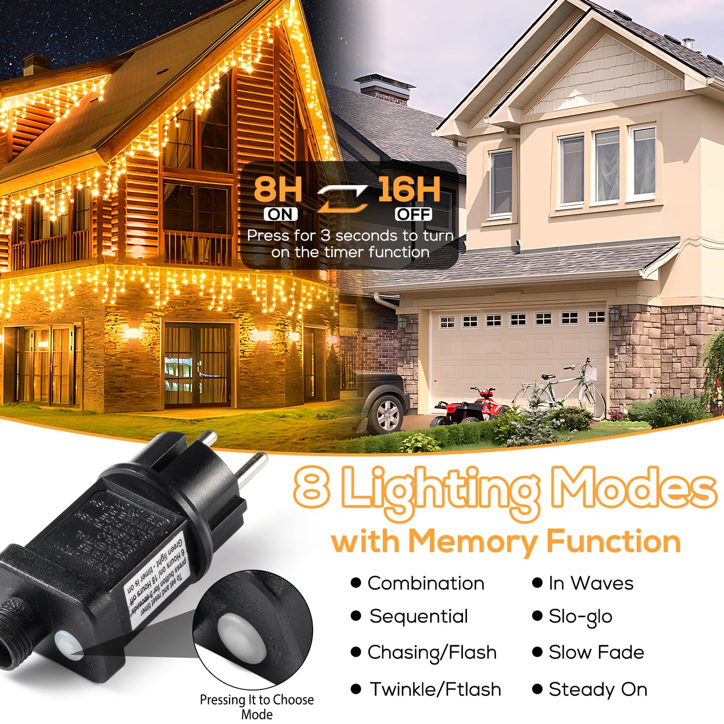 Elegear 10M 400 LED Icicle String Lights Outdoor, Expandable Curtain Lights with Timer IP44 Warm White Icicle Window Lights 8 Modes Christmas Lights for Christmas Decoration Eaves Garden Balcony
