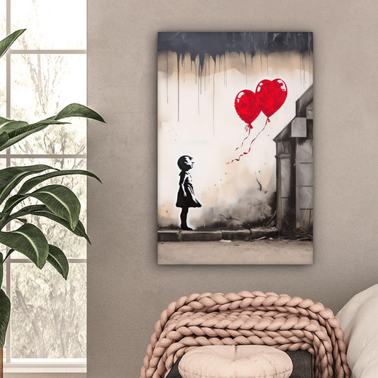 MuchoWow© canvas print 40x60 cm Bedroom Wall Art Living Room Modern Wall Decor Gallery Wall Gift Banksy - Street Pop Art - Art - Girl - Balloons - Heart - Gray