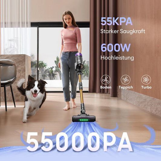 Ultenic Wireless Vacuum 55000Pa 60Min, Self-standing with Anti-Tangle Floor Brush, Green Eye Technology, LED Display, Quiet Battery Handheld Vacuum for Hard Floors & Carpets, Purple.