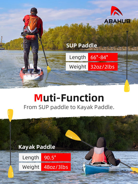 Abahub 2 in 1 Sup Kayak Paddle Aluminum Adjustable Stand Up Paddle for Paddleboard, Aluminum Alloy PU Coated Shaft 172-213cm Plastic Nylon Blade Yellow