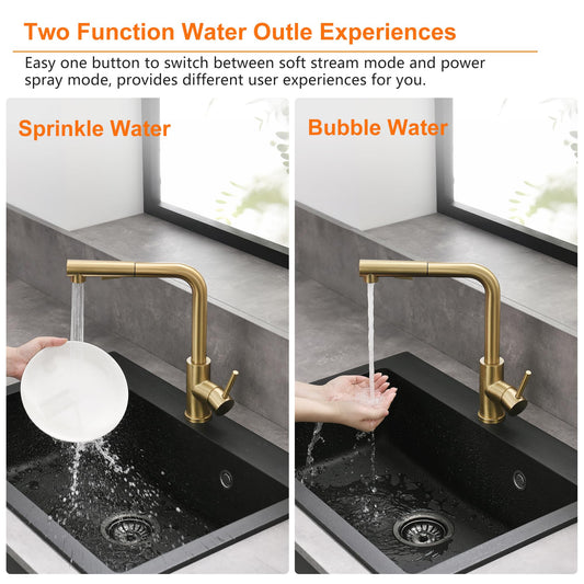 Tohlar Kitchen Faucet Gold, Gold Kitchen Tap with Pull-Out Spray and Magnetic Shower Head Two Spray Modes, High Pressure Kitchen Sink Faucet L-Shaped Brushed Gold Stainless Steel Kitchen Mixer 360° Swivel