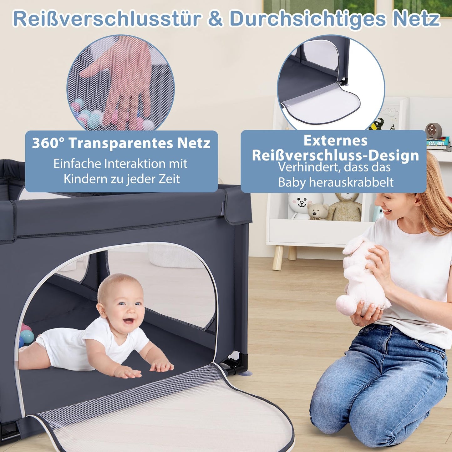 DREAMADE Playpen for Baby, 189 x 158 cm Play Yard with 4 Pull Rings & 50 Ocean Balls & Carrying Bag, Large Safety Fence for Babies & Toddlers 0-3 Years (without Mattress, Dark Gray)