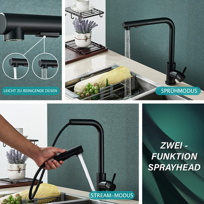 Kitchen faucet black with pull-out spray head High-pressure 360° swivel kitchen sink faucet stainless steel Two spray modes water tap.
