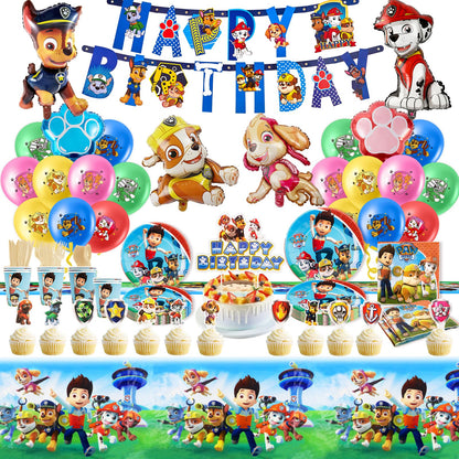 105-piece paper plate set for kids' birthday party with Paw Dog Patrol decoration - includes reusable cups, napkins, tablecloth, and partyware for 10 people.