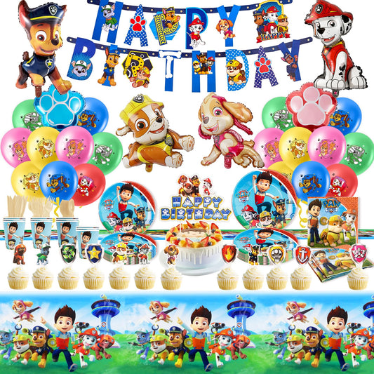 105-piece paper plate set for kids' birthday party with Paw Dog Patrol decoration - includes reusable cups, napkins, tablecloth, and partyware for 10 people.