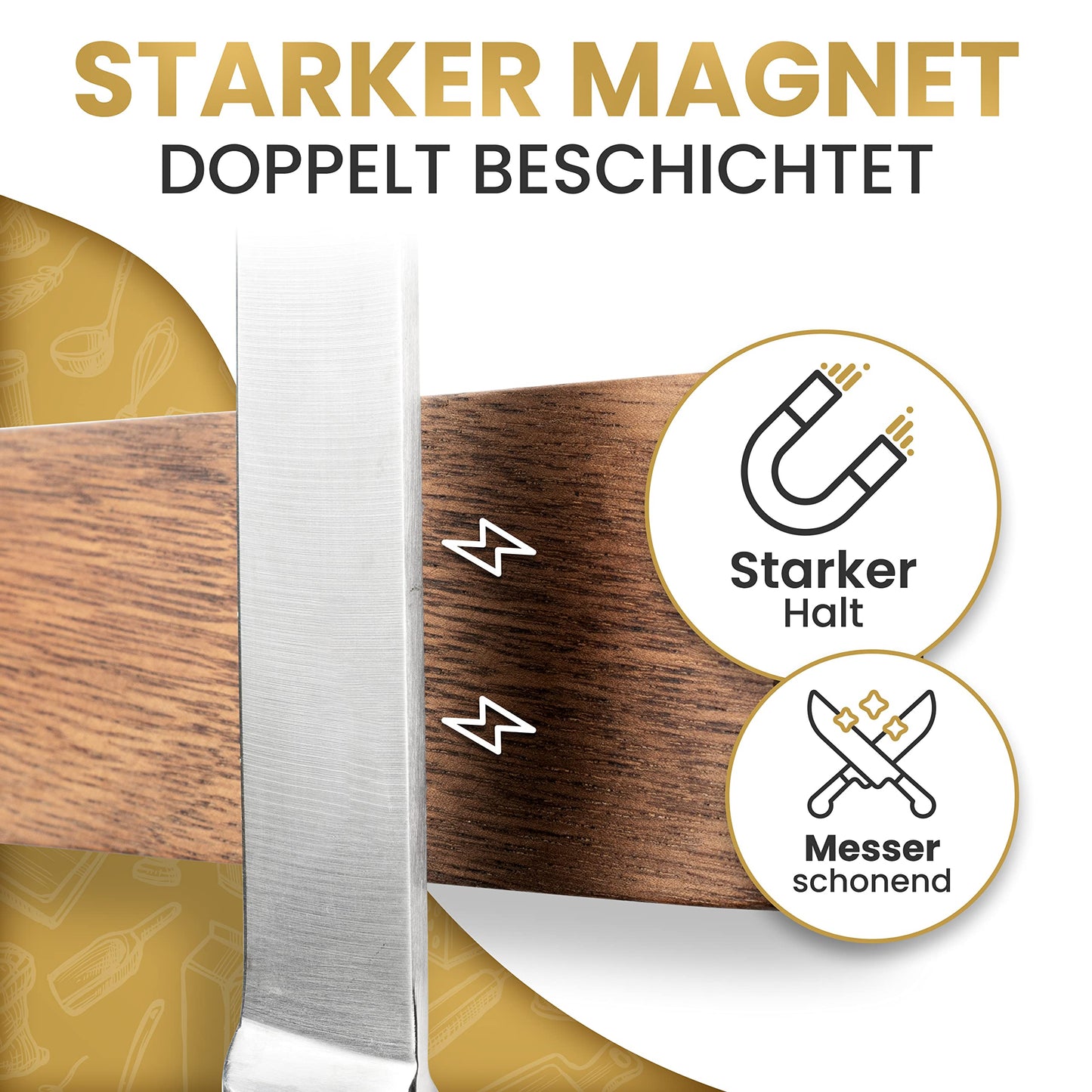 Magnetic Wooden Knife Strip - Self-Adhesive without Drilling - XL Magnet Strip Holds up to 10 Knives - 43x6.2cm - [SUPER SECURE] - Walnut Magnetic Knife Holder for Kitchen - Magnet Knife Rack