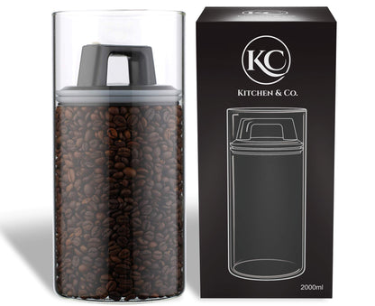Kitchen&CO. Coffee canister with vacuum lid, airtight storage, glass coffee canister, BPA-free, borosilicate glass container, sustainable storage, (2000 ml)