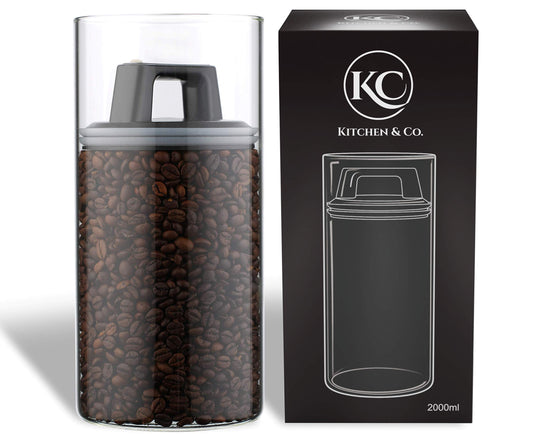 Kitchen&CO. Coffee canister with vacuum lid, airtight storage, glass coffee canister, BPA-free, borosilicate glass container, sustainable storage, (2000 ml)