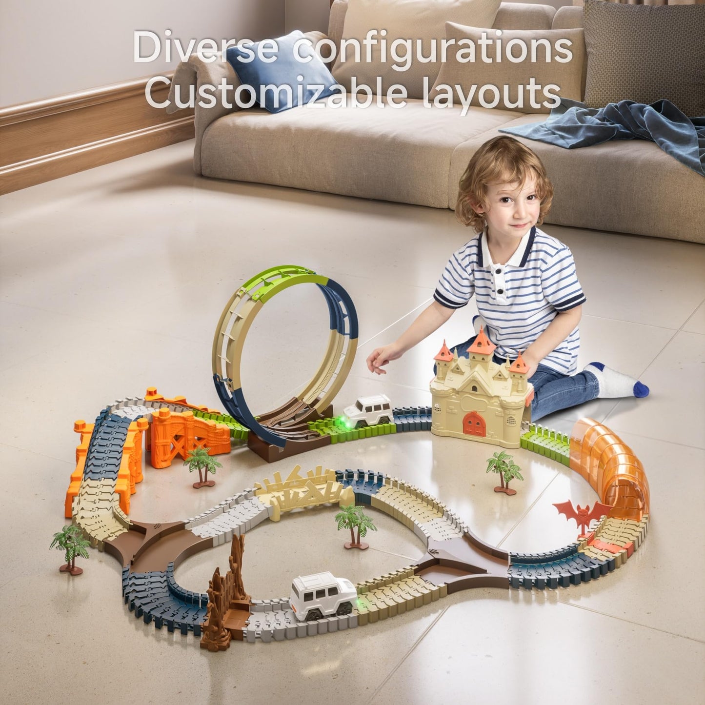 TUMAMA Children's Race Track Toy, gift for kids 3 4 5 6 7 years old. Racing toy, track toy vehicles with Magic House, Tunnel, 2 light-up electric cars.