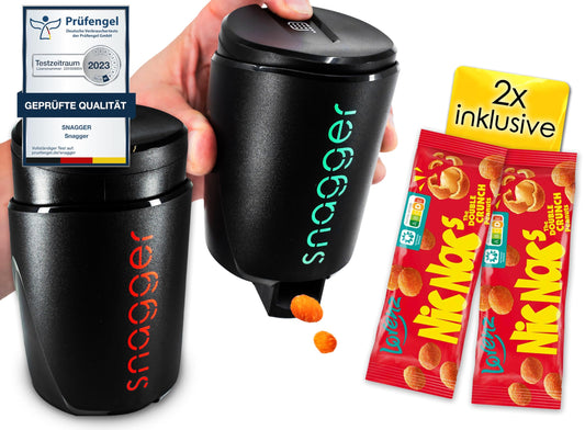 Snagger DOUBLE PACK - The snack dispenser/clean hands while snacking/suitable for peanuts, NicNacs, and more/gamer gift, gifts for men and women, Nicnac dispenser/(Double Pack Black Edition)