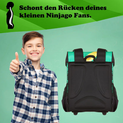 Familando Ninjago school bag set for boys - with sports bag, lunch box, and bottle - ergonomically stable, light at 790g, 16L volume - chest strap, reflectors, rain cover - complete set for 1st grade elementary school.