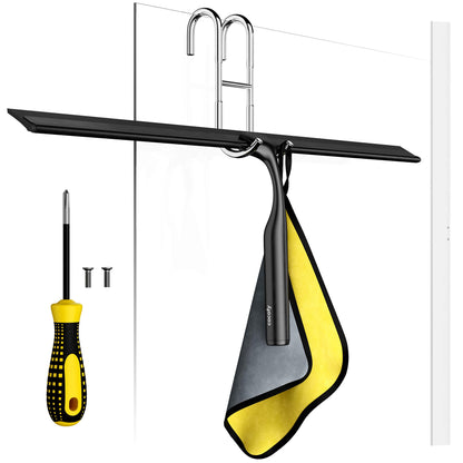 Cocofy shower squeegee black matte wide XXL 45 cm without drilling for shower, tiles with hooks, replacement rubber, microfiber cloth whip shower shower wall squeegee shower cabin squeegee shower squeegee