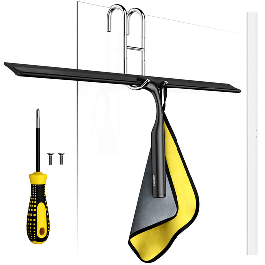Cocofy shower squeegee black matte wide XXL 45 cm without drilling for shower, tiles with hooks, replacement rubber, microfiber cloth whip shower shower wall squeegee shower cabin squeegee shower squeegee