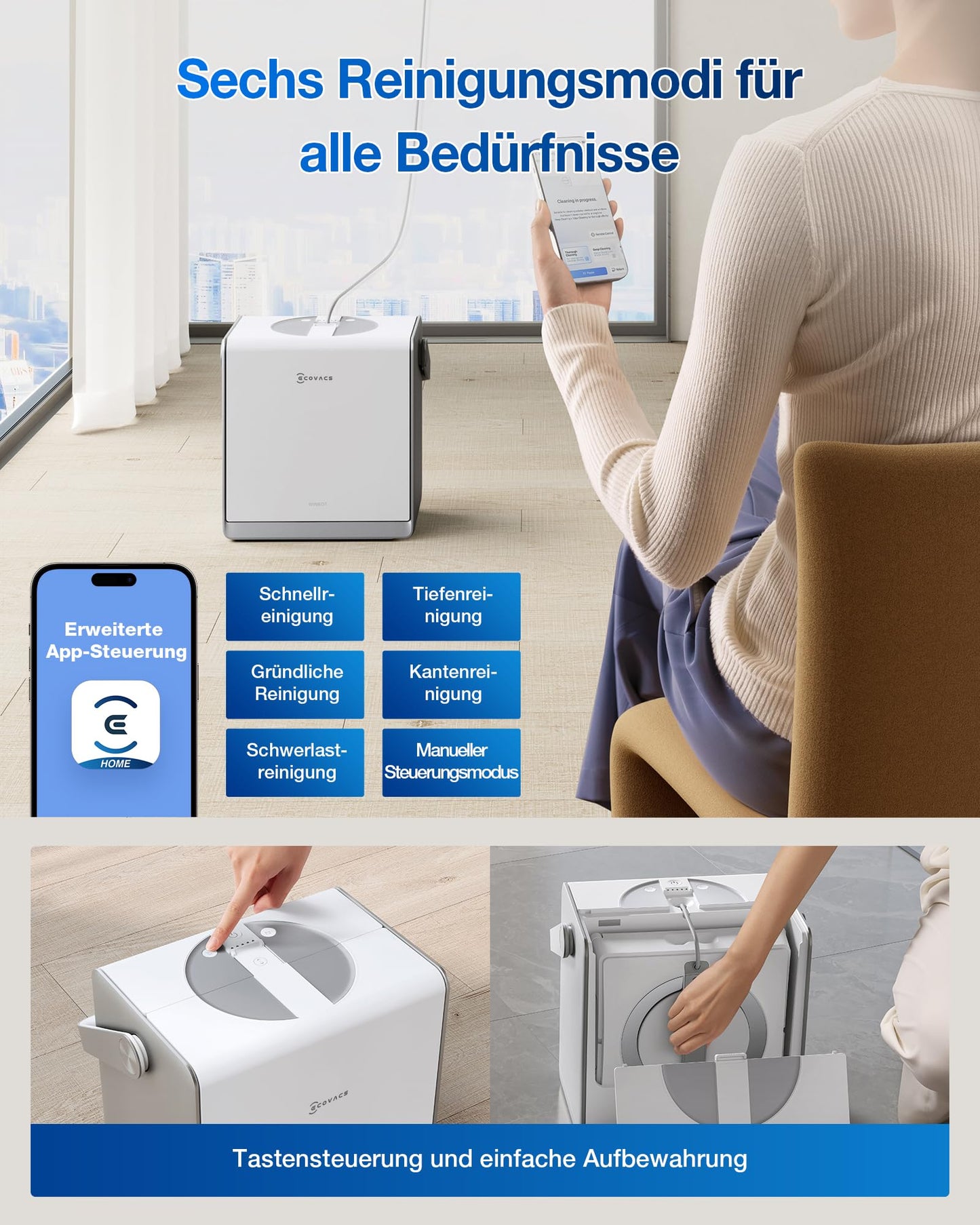 ECOVACS WINBOT W2 PRO Omni window cleaning robot with 6-in-1 multifunction station, on-the-go recharging, 3-nozzle spray head, 12-step safety features, Win-SLAM 4.0 path planning, White
