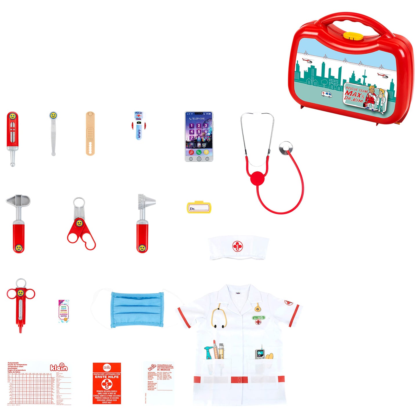 Theo Klein 4340 Doctor's Kit Deluxe I Includes doctor's costume with cap and face mask, metal stethoscope, smartphone with sound, pulse meter, and various accessories I Toy for children aged 3 years and older