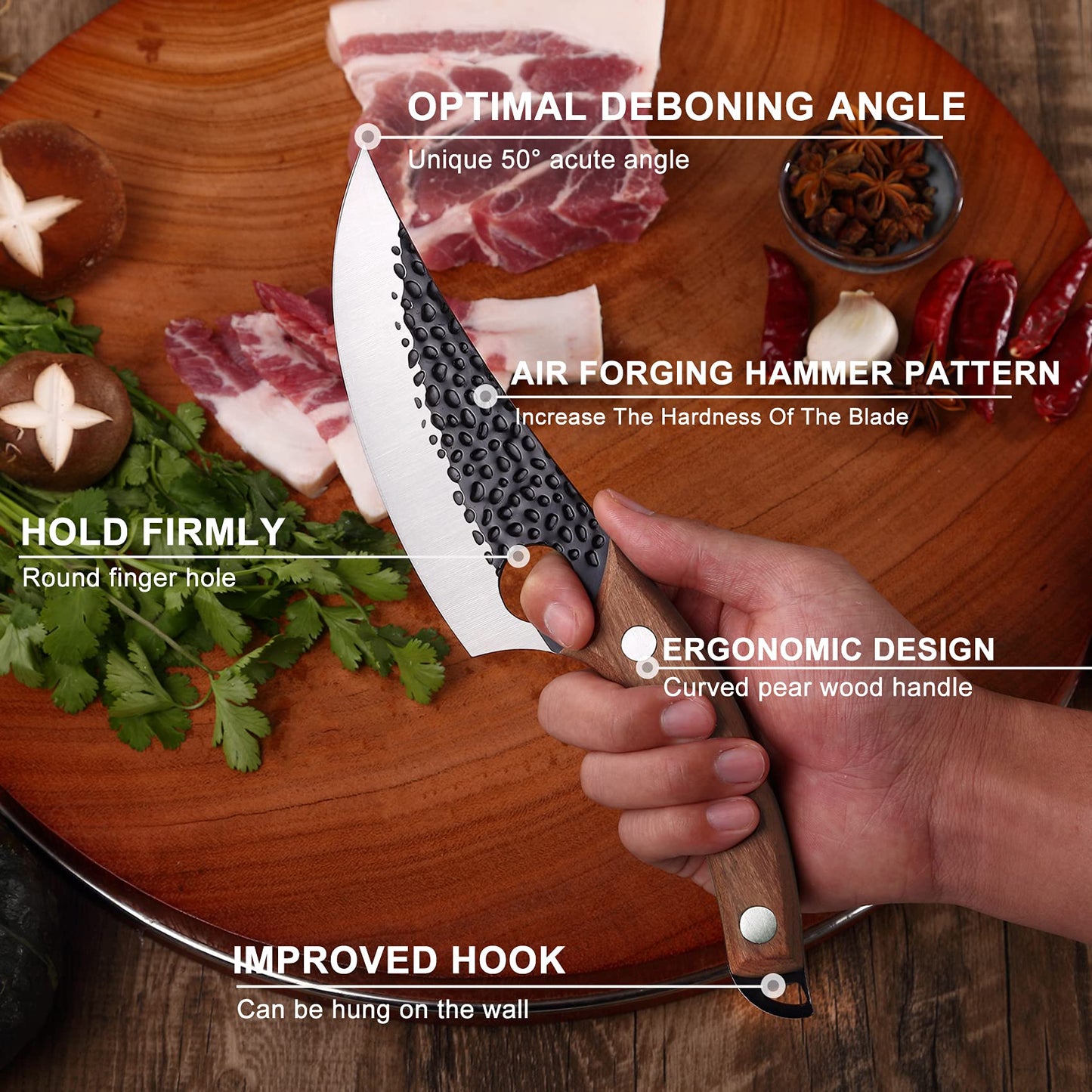 ZQD 6-inch Japanese knife with leather sheath, forged chef's knife kitchen knife with finger hole wooden handle, sharp boning knife outdoor cleaver for vegetables and meat.