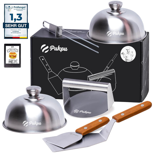 PUKPU Smash Burger Set - 6-piece BBQ & grill accessories with burger press, burger smasher, 2 melt domes, grill spatula & skewer - gift for men & grill fans (Brown, 6)