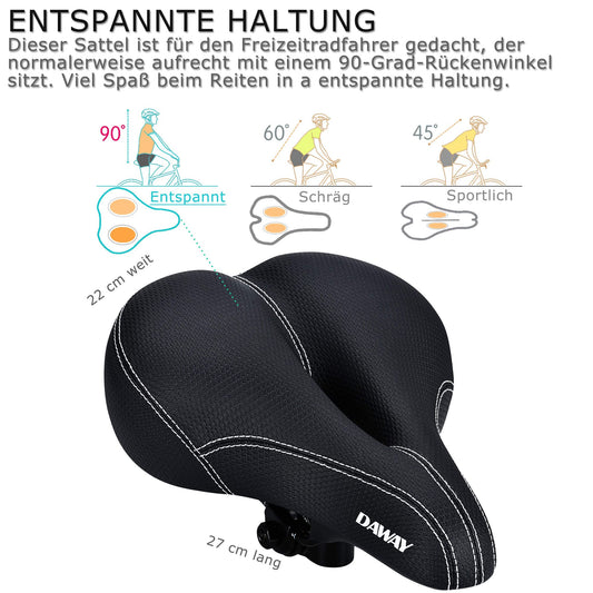 DAWAY C99 Bike Saddle for Women & Men - Comfortable, wide MTB saddle made of high-quality leather with integrated taillight, dual suspension and soft memory foam, compatible with most bikes.
