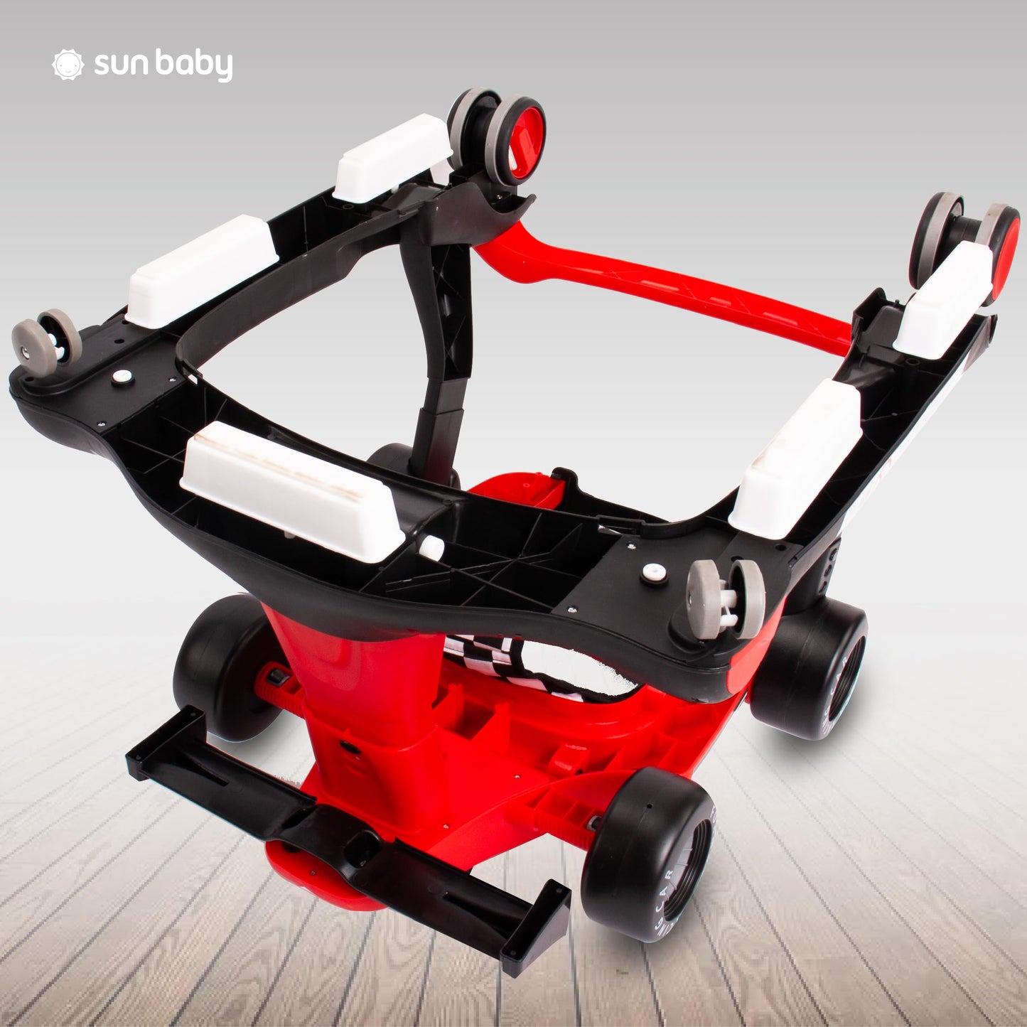 Sun Baby 3in1 Walker with adjustable height, Formula racing design, interactive features, foldable with safety stopper, buttons, lights, and sounds for babies 6 months and up (Red)