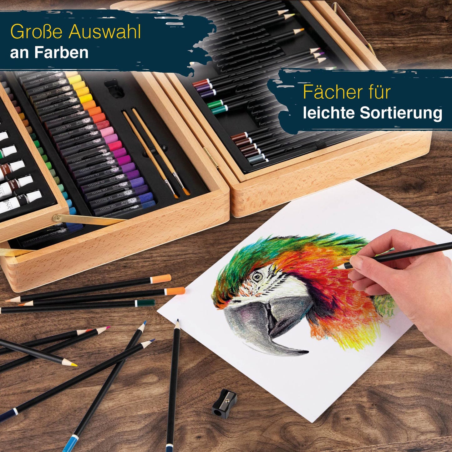 Artina 127-piece painting set Bologna XXL artist set with FSC wood painting case - acrylic paints, watercolor paints, colored pencils, pastel pencils, fineliners, pencils - large drawing set with storage for beginners