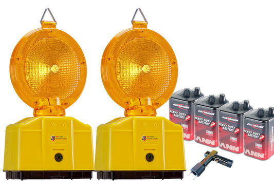 UvV construction lights 2 pieces LED warning light yellow with twilight function, Automatic day and night switching, including batteries and lamp key