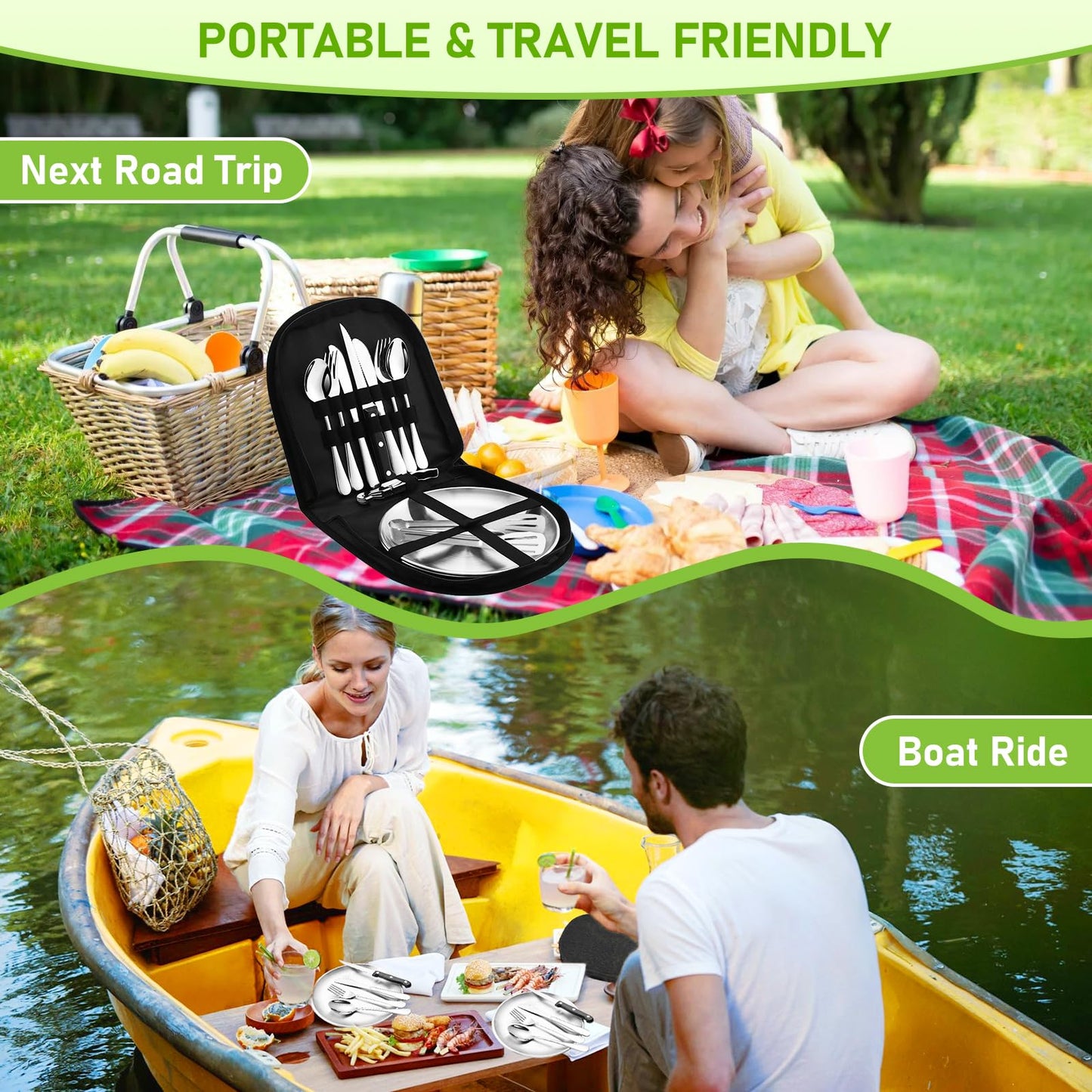 Camping tableware set for 2 people, 14 pieces, picnic set, stainless steel outdoor tableware for camping, picnicking, grilling, and hiking.