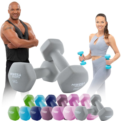 Miweba Sports neoprene dumbbell set NKH100 | 𝐏𝐫𝐨𝐟𝐢 dumbbell - Hexagon dumbbell set - short dumbbells - short dumbbell set - gymnastics dumbbells - dumbbell set - Dumbbell - 0.5-10 kg (2X 5.0 kg, Grey)