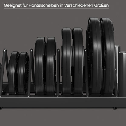 Yaheetech weight plate storage rack with 4 slots and 2 barbell holders on wheels. Supports up to 300 lbs of weight.