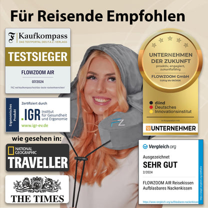 FLOWZOOM Inflatable Airplane Travel Pillow with H-Design, 5 Sleep Positions, and Hood in Grey.