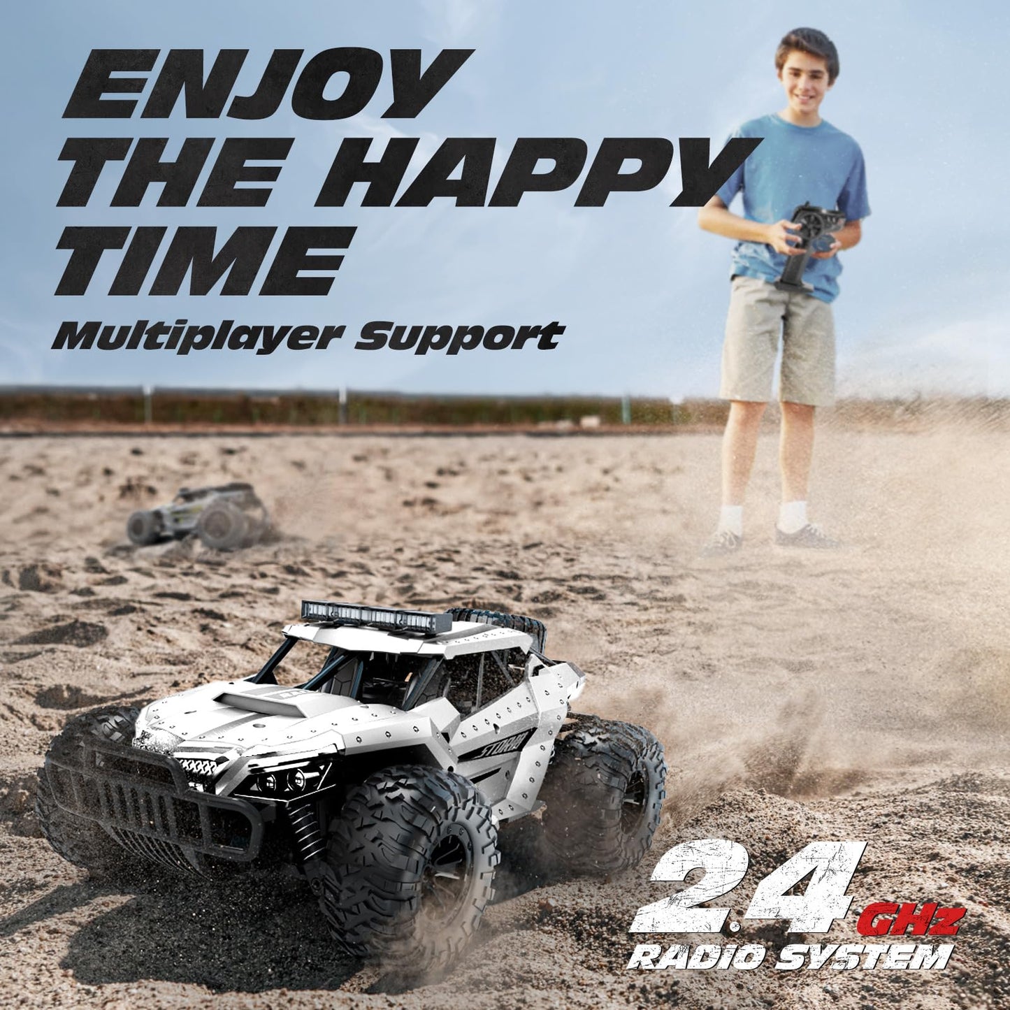 Tecnock Remote Control Car 1:16 with headlights and chassis lights, All Terrain Off Road RC Monster Truck 2.4GHz Toy, 2 batteries for 60 min runtime - Gift for adults and kids.