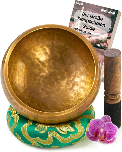 Large original Tibetan singing bowl - 13cm. Singing bowl set with eBook, striker, singing bowl cushion, and gift box. Singing bowl from Tibet.