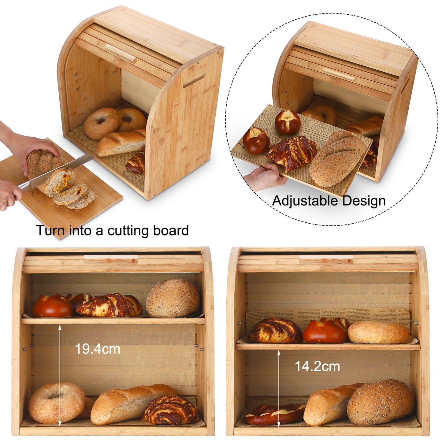 G.a HOMEFAVOR Bamboo Bread Box 2-Tier Bread Holder Roll-Top Bread Storage with Removable Layer, Self-assembly, 38x25x34cm