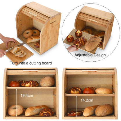 G.a HOMEFAVOR Bamboo Bread Box 2-Tier Bread Holder Roll-Top Bread Storage with Removable Layer, Self-assembly, 38x25x34cm