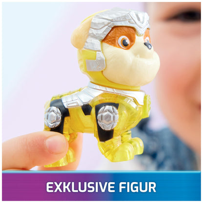 PAW Patrol: The Mighty Movie, superhero base vehicle by Rubble with puppy figure, construction vehicle with light and sound effects, toy suitable for children ages 3 and up.