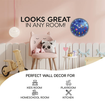 Kiddus Kids Wall Clock, Boys and Girls, Analog Learning Clock with Time Learning Exercises, Kids Clock No Ticking, Children's Room Silent, School, Clock hands English
